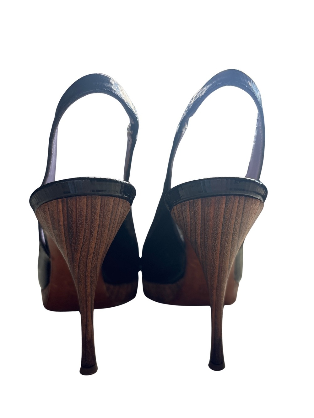 Pollini Black Patent Leather Slingback Peep-Toe Heels - Picture 4 of 6
